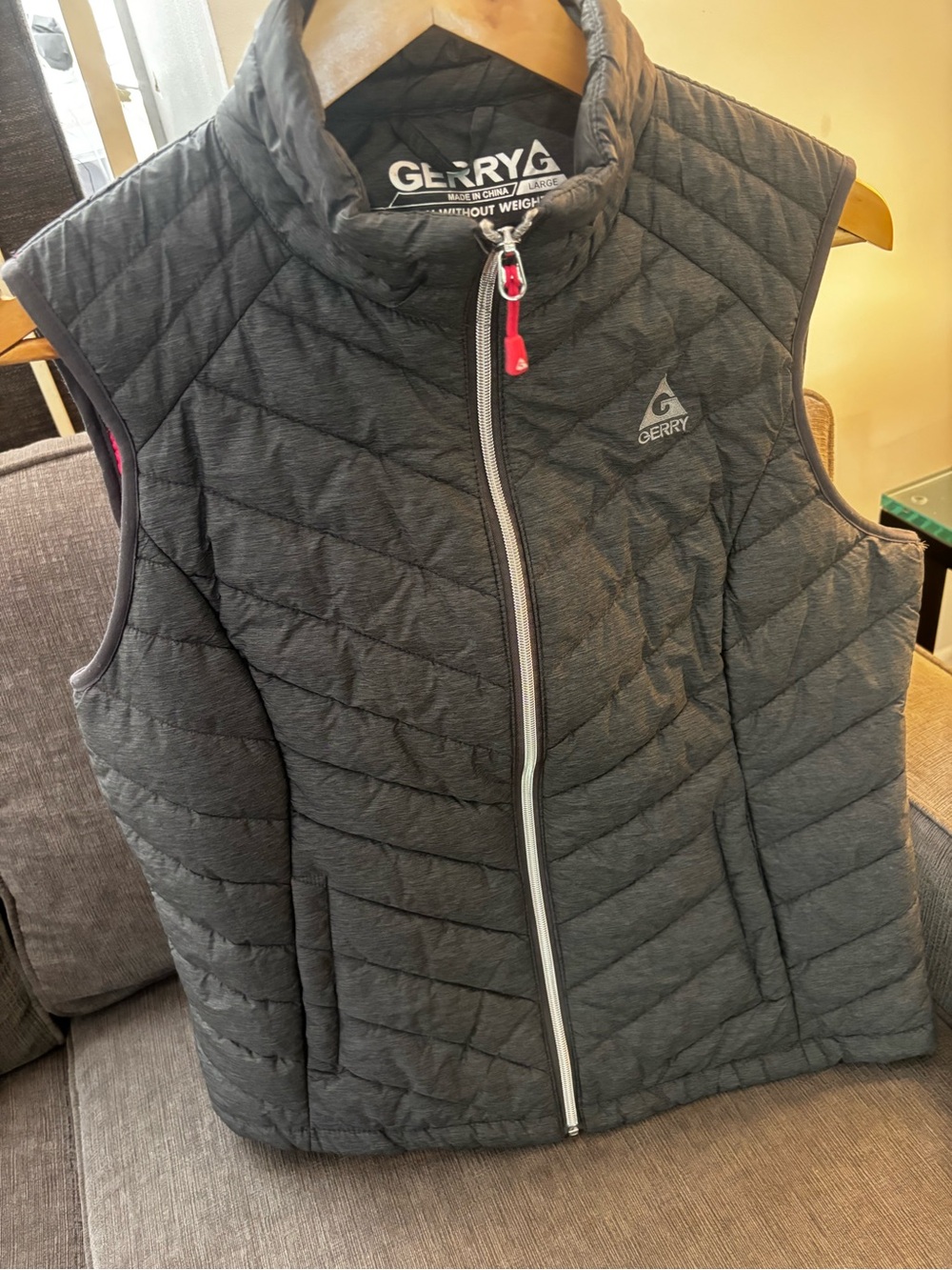 Gerry Weber Quilted Puffer Vest in Dark Gray with Pink Zip Accent